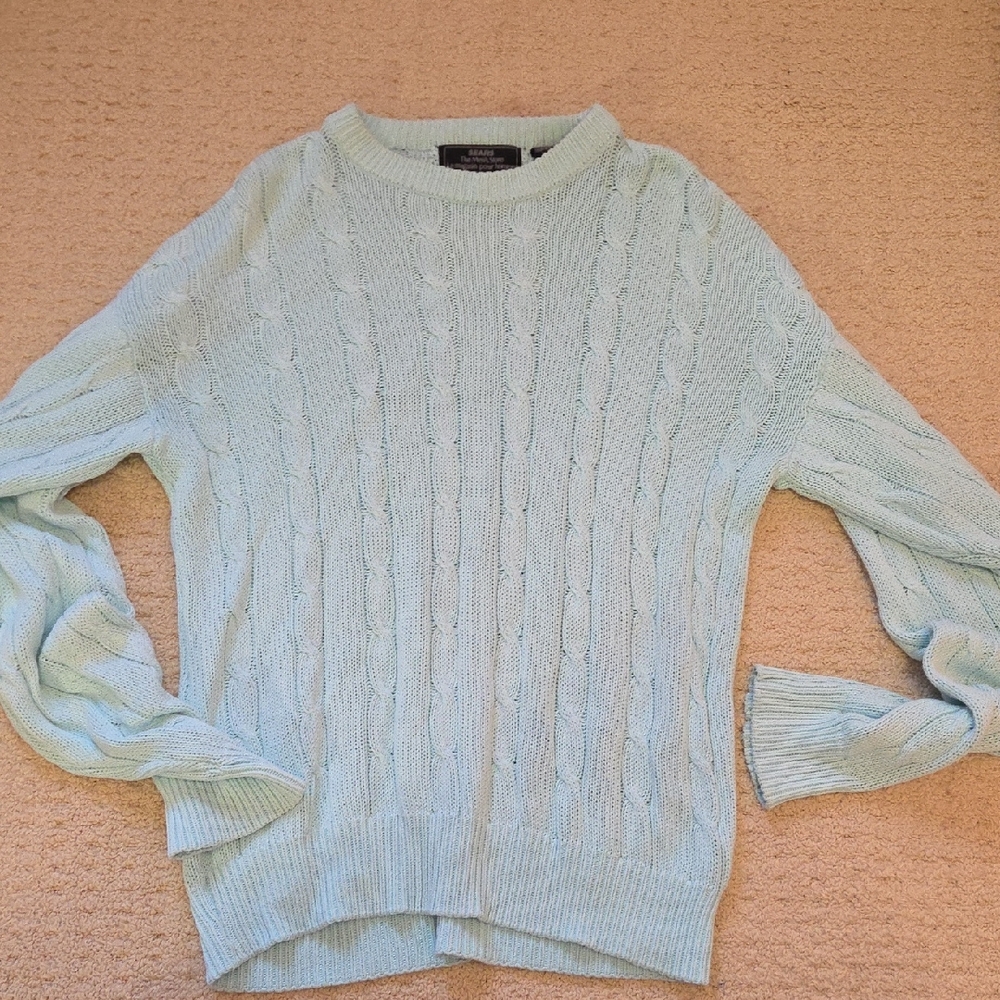 Vintage Sears Light Mint Blue Cable Knit Sweater